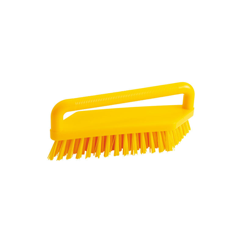 The SCRUBBING BRUSH, PBT HARD 180X48X22MM from Haug Bürsten KG is a yellow scrubbing brush with stiff bristles and an angled handle, depicted on a white background.