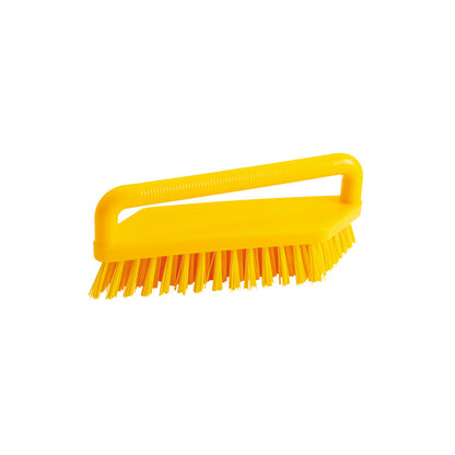 The SCRUBBING BRUSH, PBT HARD 180X48X22MM from Haug Bürsten KG is a yellow scrubbing brush with stiff bristles and an angled handle, depicted on a white background.