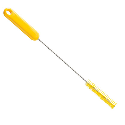 The Haug Bürsten KG PIPE BRUSH, PBT HARD, 305Xø15X80MM is ideal for effective pipe cleaning, with a long metal stem, yellow plastic handle, and durable cylindrical PBT bristles at one end. Pictured on a white background.