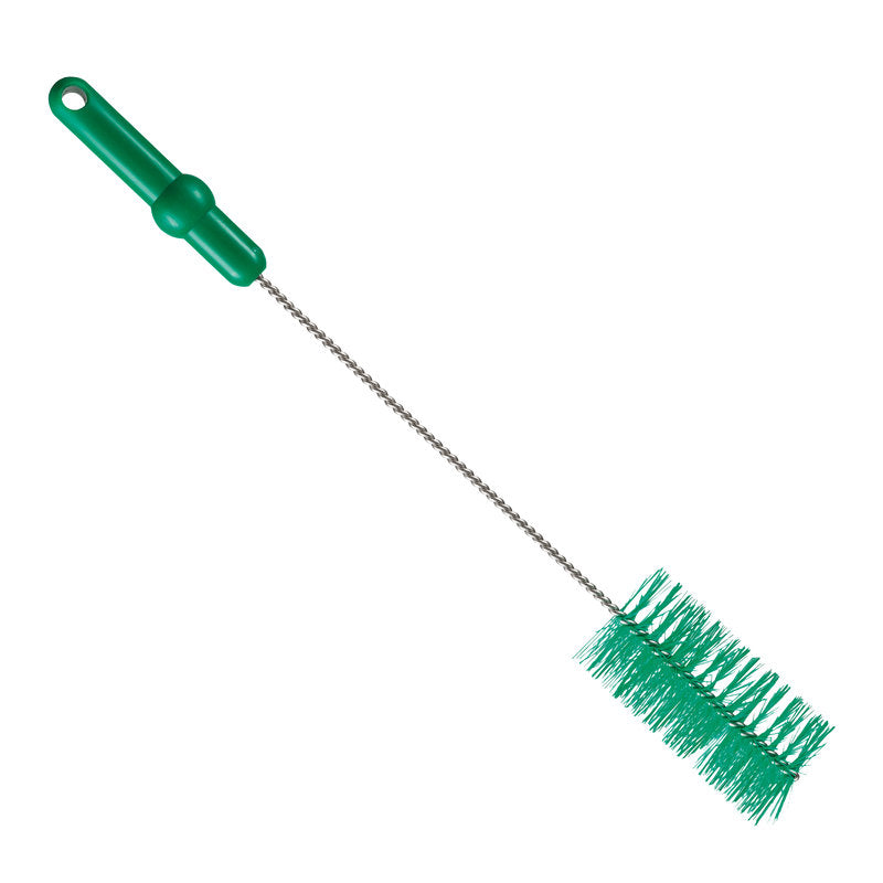 The PIPE BRUSH ø 0.50MM MEDIUM 500Xø 60MM from Haug Bürsten KG has a green handle with a hanging hole, a long metal stem, and cylindrical 50mm bristles - perfect for pipe cleaning.
