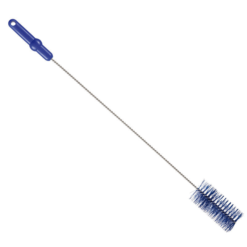 Die ROHRBÜRSTE, ø 0,50MM MITTEL 700Xø 60MM von Haug Bürsten KG verfügt über einen blauen Kunststoffgriff, einen langen Metallstiel und zylindrische blaue Borsten an einem Ende - ideal für die Rohrreinigung - vor einem weißen Hintergrund.