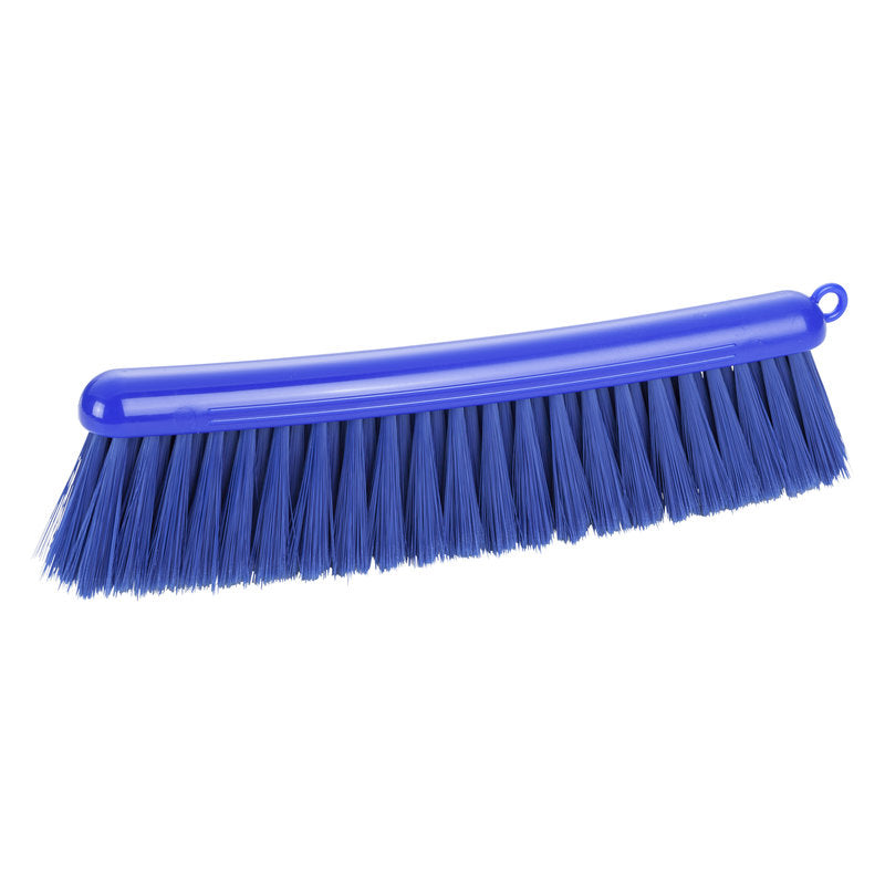 The Haug Bürsten KG FLOUR BRUSH, BLUE/PBT BLUE UNSLIT with 0.25 mm soft bristles and a 290 mm long blue plastic head is ideal for food processing and features a hanging hole. Pictured on a white background.