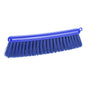 The Haug Bürsten KG FLOUR BRUSH, BLUE/PBT BLUE UNSLIT with 0.25 mm soft bristles and a 290 mm long blue plastic head is ideal for food processing and features a hanging hole. Pictured on a white background.