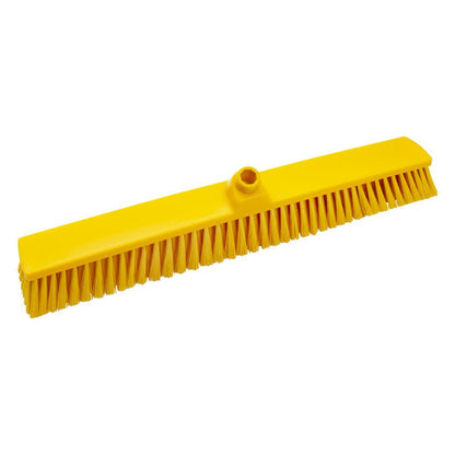 The Haug Bürsten KG LARGE AREA BROOM, UNVARNISHED, ø 0.25MM SOFT, 600MM is a yellow broom head with soft bristles and a central handle mount, ideal for industrial cleaning; depicted on a white background.