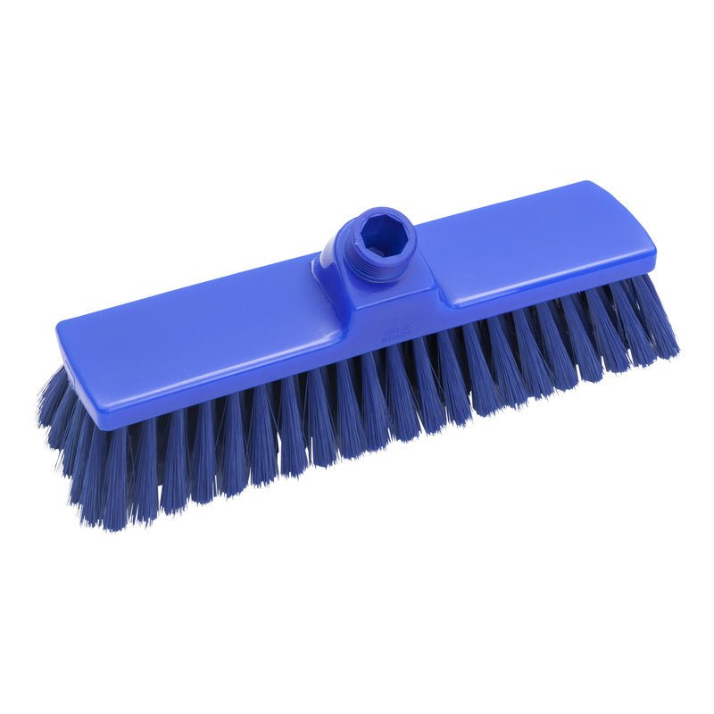 The BROOM, PBT SOFT 300X70X50MM, SLIT from Haug Bürsten KG is a blue plastic broom head with slit bristles and a central socket, ideal for cleaning sensitive surfaces. Pictured against a white background.