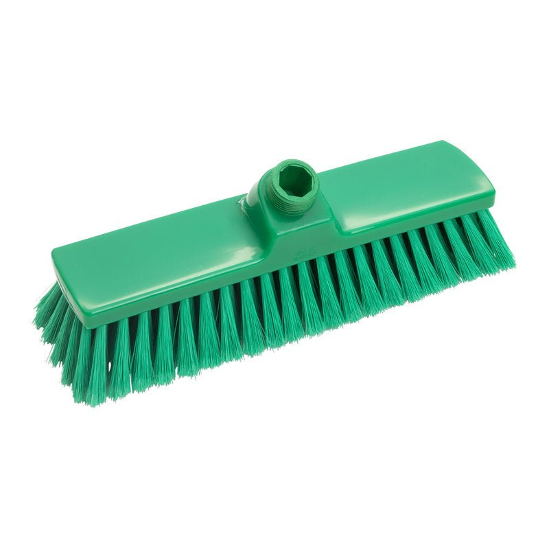 The Haug Bürsten KG BROOM, PBT SOFT 300X70X50MM, SLIT features soft slit bristles for gentle cleaning of sensitive surfaces. The green, rectangular head has a central socket for easy handle attachment and is pictured against a white background.
