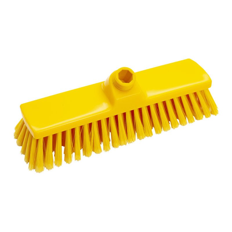 The BROOM, PBT SOFT 300X70X50MM, SLIT from Haug Bürsten KG has a yellow rectangular head with slit bristles and a threaded socket. Its dense, outward-angled bristles are gentle for cleaning sensitive surfaces.