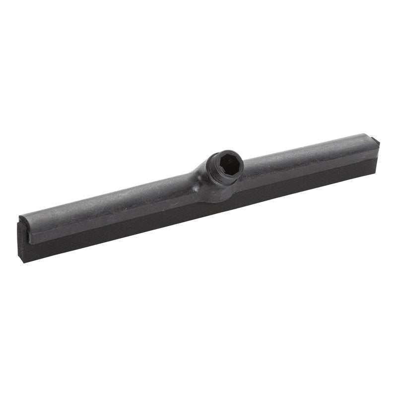 The Haug Bürsten KG WATER SQUEEGEE, 1-LIP 420MM, FOOD GRADE RUBBER is a black squeegee blade with a central attachment point for handles, depicted on a white background.