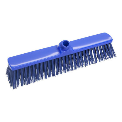 The Haug Bürsten KG LARGE AREA BROOM, PBT ø 1.0MM HARD 400X60X65M broom head features stiff bristles and a central hole for handle attachment - perfect for intensive floor cleaning. Pictured in blue on a white background.