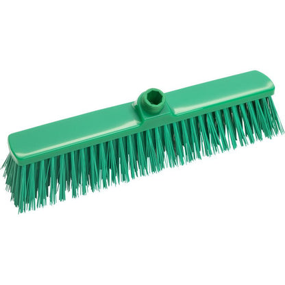 The LARGE AREA BROOM PBT ø 1.0MM HARD 400x60x65mm from Haug Bürsten KG is a green broom head with stiff bristles and a central threaded hole - perfect for efficient floor cleaning on large surfaces.