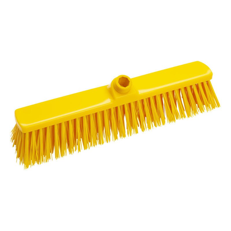 The LARGE AREA BROOM from Haug Bürsten KG features a yellow PBT plastic head with stiff 1.0mm bristles and a central handle hole - perfect for efficient cleaning of large areas.