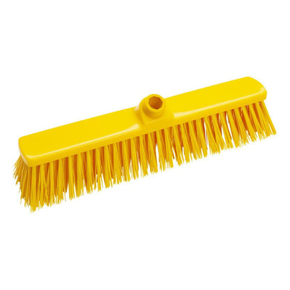 The LARGE AREA BROOM from Haug Bürsten KG features a yellow PBT plastic head with stiff 1.0mm bristles and a central handle hole - perfect for efficient cleaning of large areas.