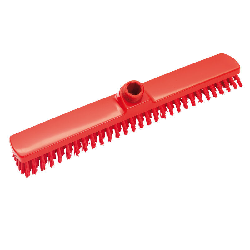 A red LARGE AREA BROOM ø 0.50MM HARD 400X60X26MM broom head from Haug Bürsten KG, with stiff bristles and a central handle hole, ideal for professional cleaning of large areas, depicted on a white background.