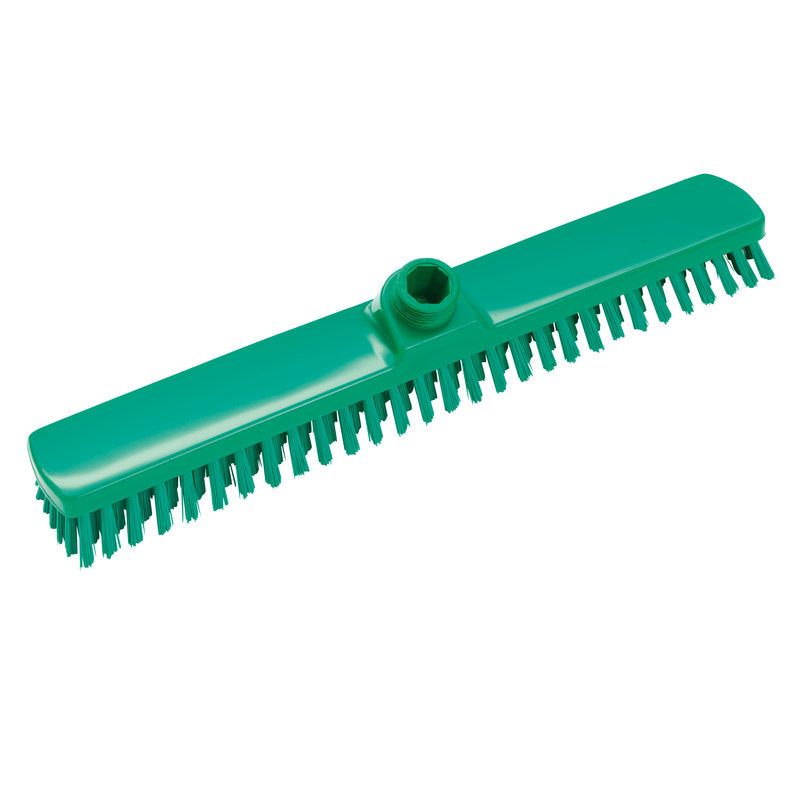 The Haug Bürsten KG LARGE AREA BROOM, ø 0.50MM HARD 400x60x26mm green plastic broom head with stiff bristles and central handle mount is ideal for professional cleaning of large areas. Depicted on a white background.
