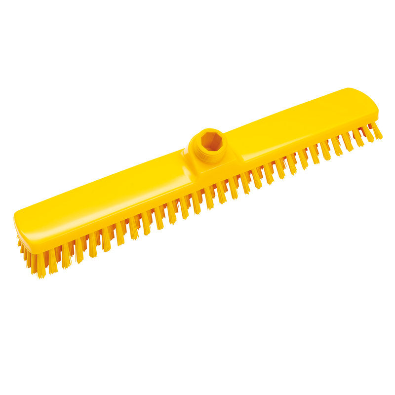 The Haug Bürsten KG LARGE AREA BROOM, ø 0.50MM HARD 400x60x26MM, features a yellow bristle head with a central spout - ideal for professional cleaning and efficient sweeping of large floor areas.