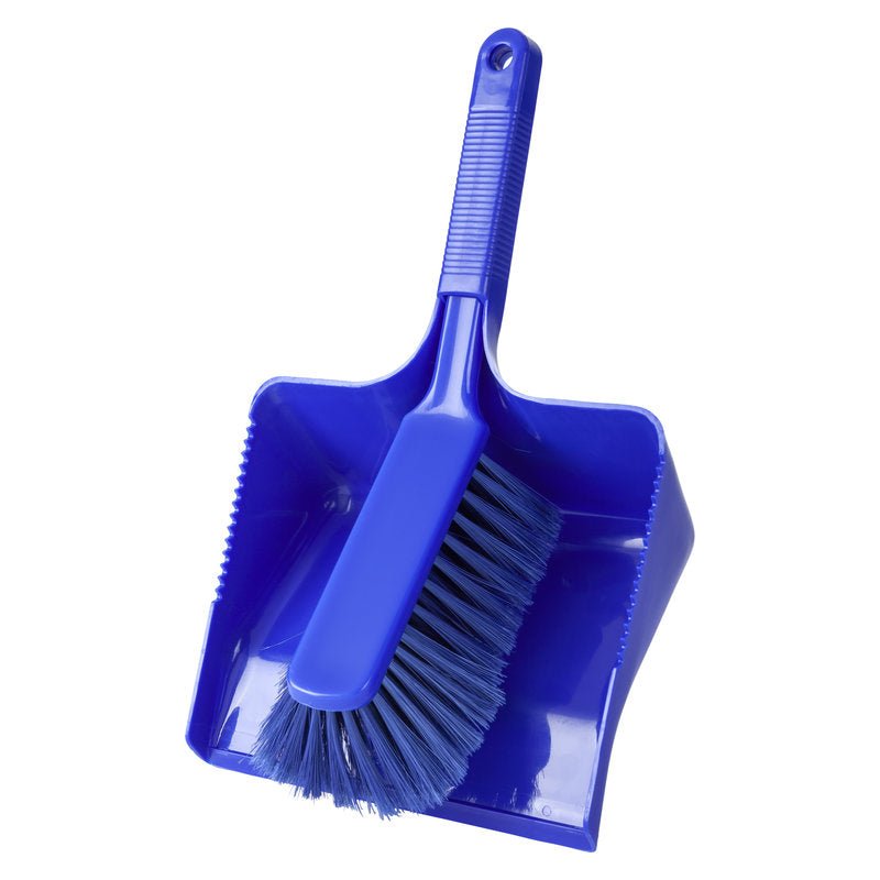 The DUSTPAN SET, SOFT, 350MM from Haug Bürsten KG is a blue set with a 350mm large plastic dustpan and a matching hand brush, both with ribbed handles. The soft bristles are angled to fit perfectly into the dustpan.