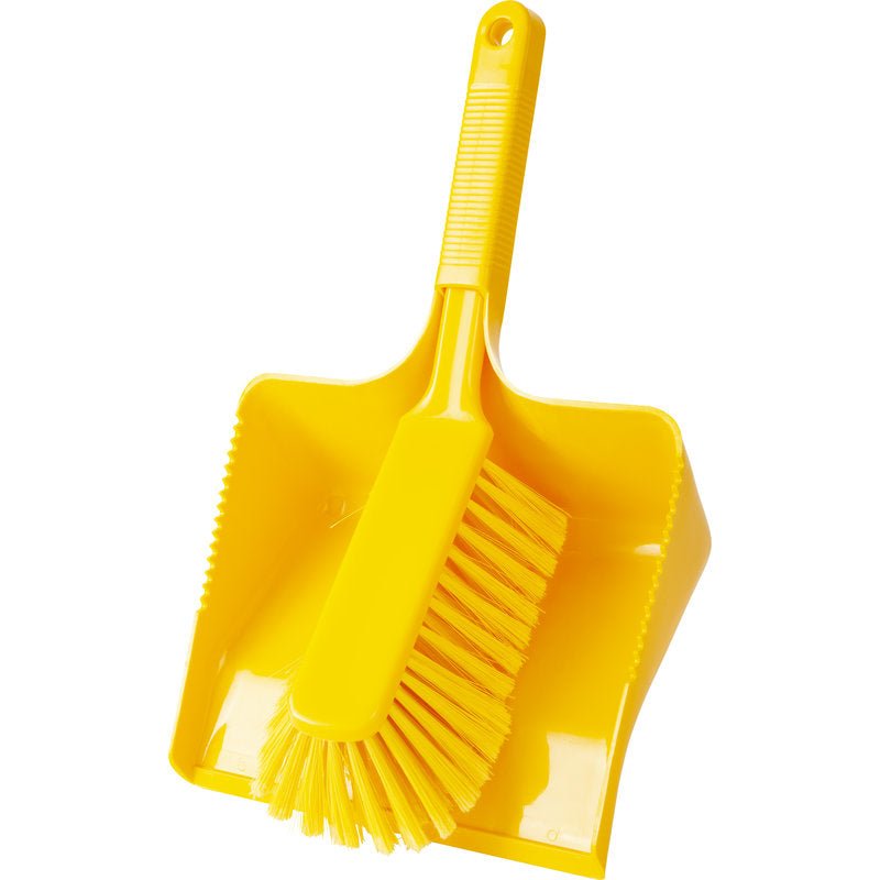 The DUSTPAN SET, SOFT, 350MM from Haug Bürsten KG is a yellow set with a plastic dustpan with a 350mm diameter and a hand brush with soft bristles, both with ribbed handles and a shiny surface, on a white background.