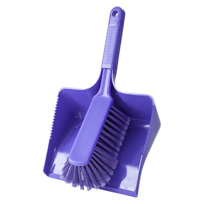 The DUSTPAN SET, SOFT, 350MM from Haug Bürsten KG is a purple plastic set with a 350mm dustpan and a matching brush. The brush sits in the dustpan, the handle rests on the shaft of the pan, with the soft bristles facing down.