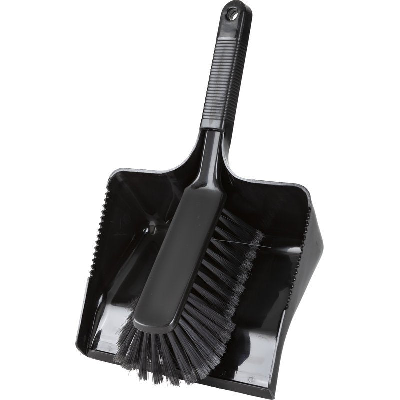The DUSTPAN SET, SOFT, 350MM from Haug Bürsten KG is a black plastic set with a matching hand brush with soft bristles, a textured handle with a hanging hole, and fits exactly into the dustpan.