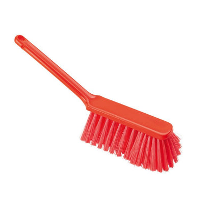 The HAND BRUSH, PBT UNSPLIT, 310X40X50MM from Haug Bürsten KG is a red plastic hand sweeper with a straight handle and densely packed bristles, ideal for cleaning floors, depicted on a white background.