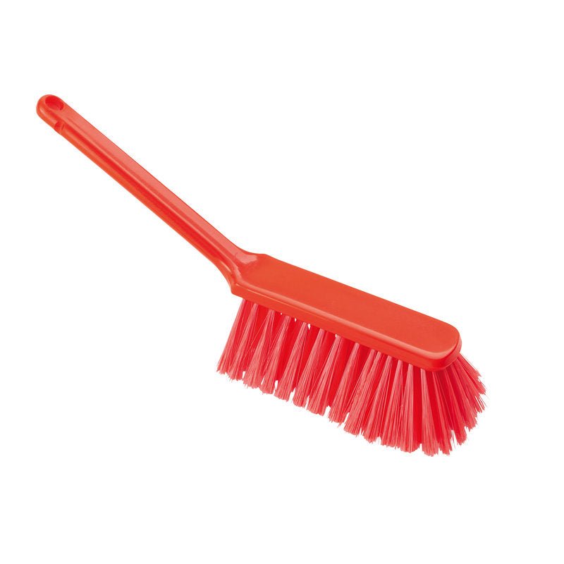 The HANDBESEN, SOFT, 310MM, SLITTED by Haug Bürsten KG is a red plastic cleaning brush with slitted, soft bristles and a long handle, ideal for gentle cleaning of sensitive surfaces. Pictured on a white background.