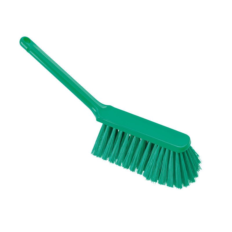 The HAND BRUSH, PBT UNSPLIT, 310x40x50mm from Haug Bürsten KG is a green plastic hand brush with a long handle and stiff bristles for cleaning floors, depicted diagonally on a plain white background.
