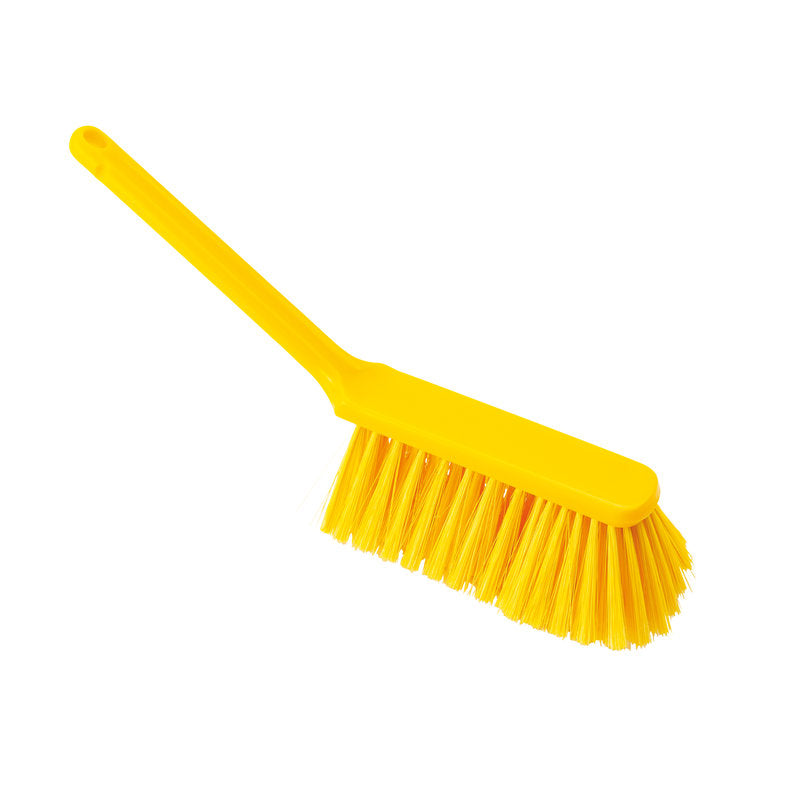 Pictured is a yellow plastic HAND BROOM, PBT SLIT ø 0.25MM soft, 310x40x50mm from Haug Bürsten KG with a long handle on a white background.