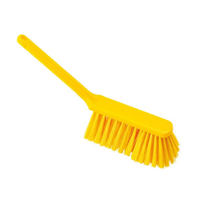 The HAND BRUSH, PBT UNSPLIT, 310x40x50mm from Haug Bürsten KG is a yellow plastic hand brush with a long handle and stiff bristles for cleaning floors, depicted on a white background.