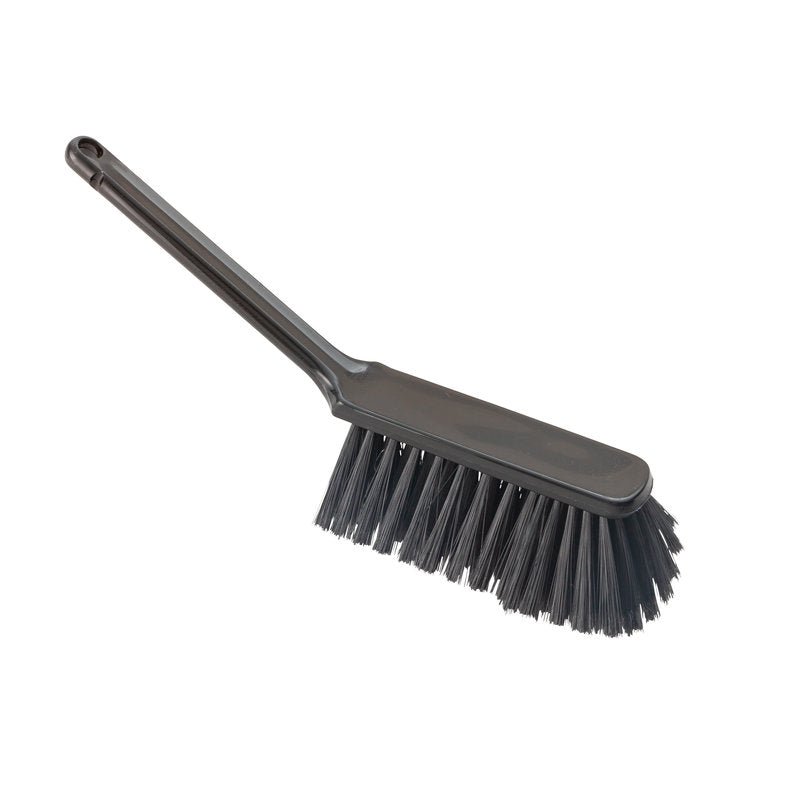 The Haug Bürsten KG HANDBESEN, SOFT, 310MM, SLITTED is a black, handheld cleaning brush with a long handle and soft, slitted bristles, ideal for cleaning tasks, pictured on a white background.