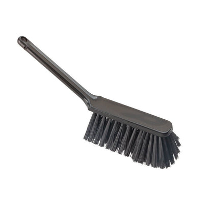 The Haug Bürsten KG HANDBESEN, SOFT, 310MM, SLITTED is a black, handheld cleaning brush with a long handle and soft, slitted bristles, ideal for cleaning tasks, pictured on a white background.