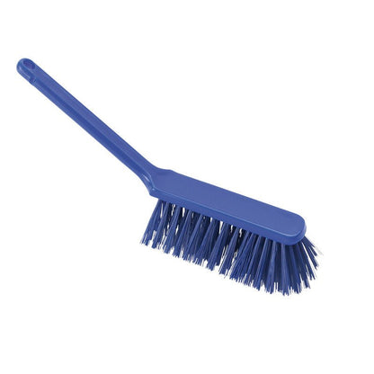 The HAND BRUSH from Haug Bürsten KG has hard PBT bristles (ø 0.50 mm) and a long handle, size 310x40x45 mm, here in blue on a white background.