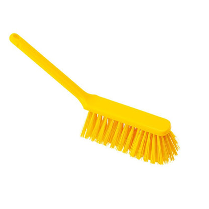 The HAND BRUSHES, PBT, ø 0.50MM HARD, 310X40X45MM from Haug Bürsten KG is a yellow plastic hand brush with hard bristles and a long handle, made from durable PBT and depicted on a white background.