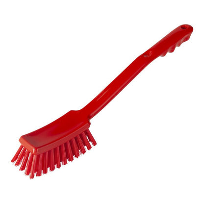 The HANDLE BRUSH from Haug Bürsten KG (ø 0.50 mm, hard, 400x48x35 mm) features a long, ribbed handle, a rectangular head, and stiff bristles—perfect as a cleaning brush for hard surfaces. Angled bristles and a curved design enhance cleaning efficiency.