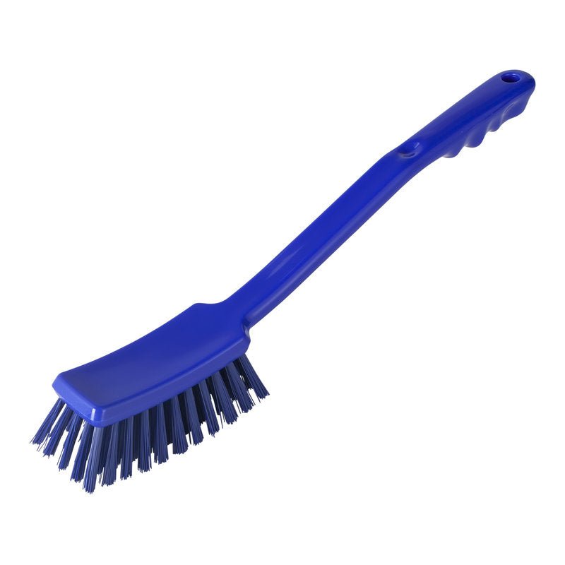 One Haug Bürsten KG STIELBÜRSTE, ø 0.50 mm, HARD, 400 x 48 x 35 mm, with a long handle and stiff bristles, is shown in blue on a white background—ideal for tough cleaning tasks.