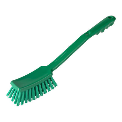 The Haug Bürsten KG STIELBÜRSTE, ø 0.50 mm, HARD, 400x48x35 mm is a green plastic cleaning brush with sturdy bristles and a long handle, ideal for tough cleaning tasks, shown against a white background.