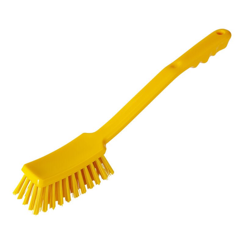Pictured is a yellow plastic HANDLE BRUSH, ø 0.50 mm, HARD, 400 x 48 x 35 mm from Haug Bürsten A brush with stiff bristles and a long handle against a white background.
