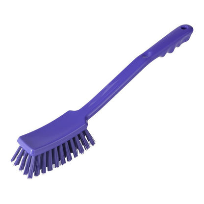 The Haug Bürsten KG STIELBÜRSTE (ø 0.50 mm, stiff, 400 x 48 x 35 mm) features stiff bristles, a long handle with finger grooves for a secure grip, angled bristles for scrubbing, and a hanging hole.