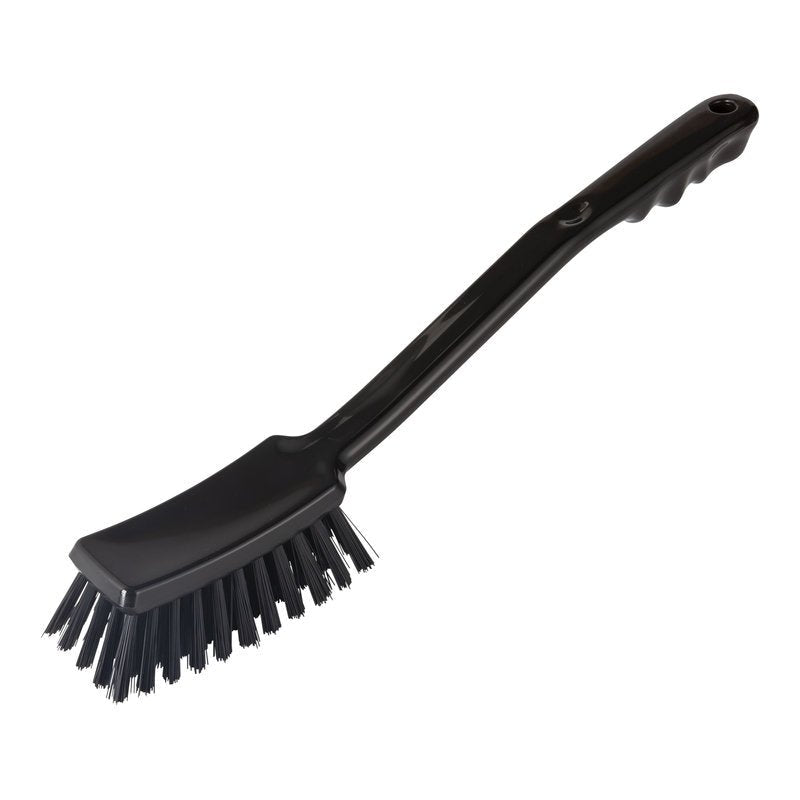 The Haug Bürsten KG STIELBÜRSTE, ø 0.50 mm, HARD (400x48x35 mm), is a black dish brush with hard bristles and a long, curved handle featuring finger grips for comfortable handling.