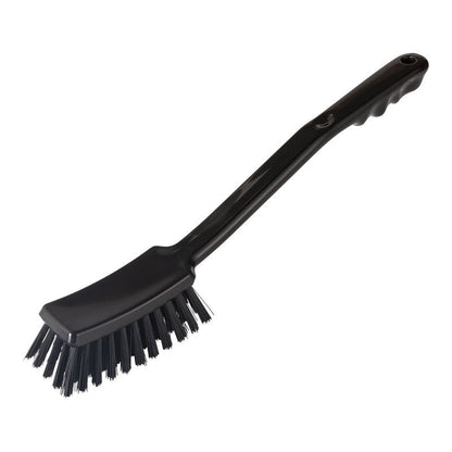 The Haug Bürsten KG STIELBÜRSTE, ø 0.50 mm, HARD (400x48x35 mm), is a black dish brush with hard bristles and a long, curved handle featuring finger grips for comfortable handling.