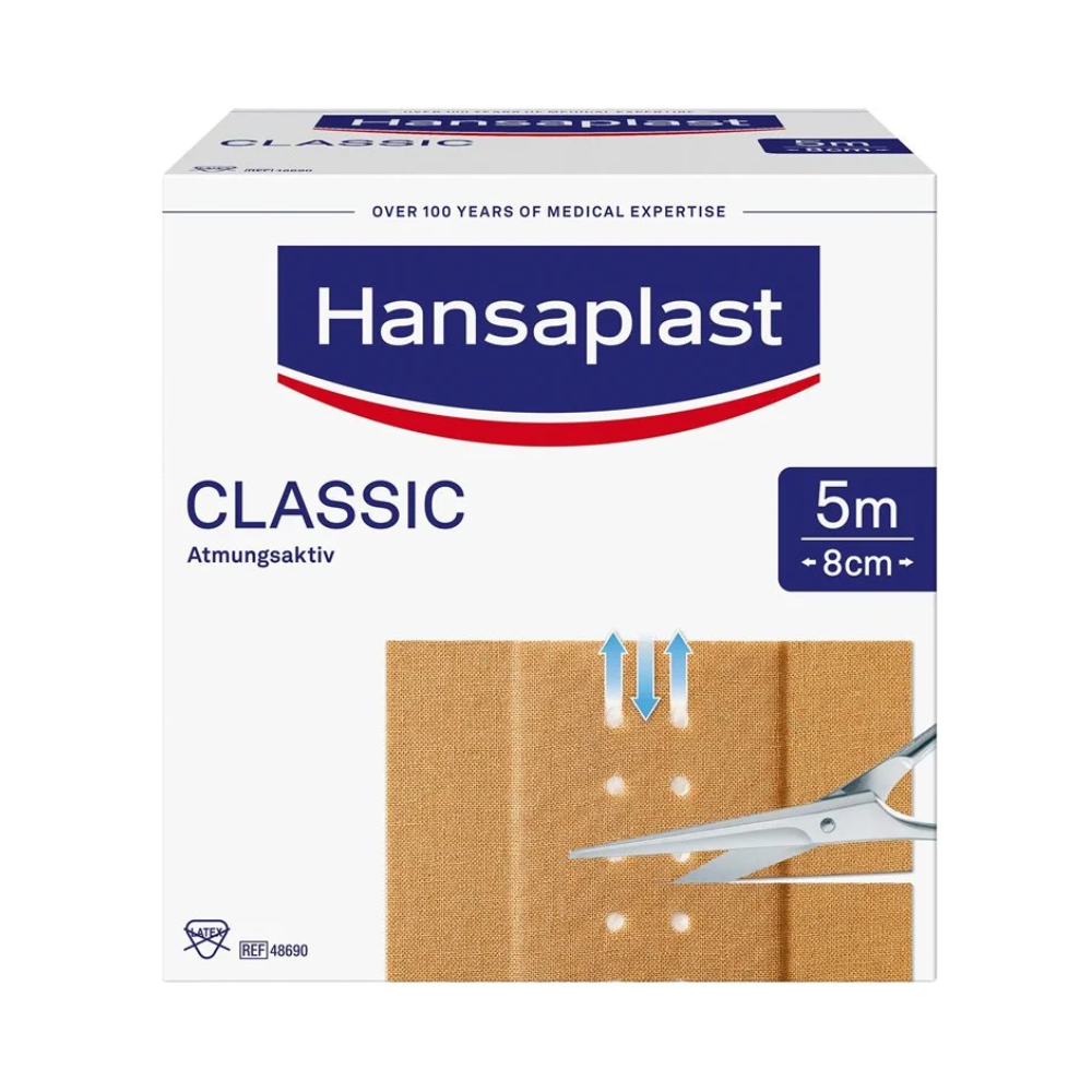 A box of Hansaplast Classic plasters - various sizes from Beiersdorf AG, displayed with a picture of the plaster roll and a pair of scissors next to it. The packaging contains the text "over 100 years of medical expertise" and indicates,