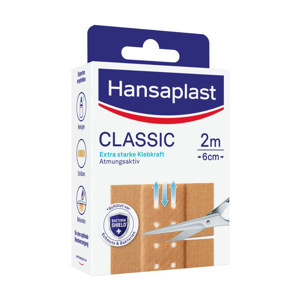 A box of Hansaplast Classic plasters – various sizes – from Beiersdorf AG, depicted are the packaging and a breathable quick wound dressing with breathable holes and a pair of scissors, indicating that it can be customized.