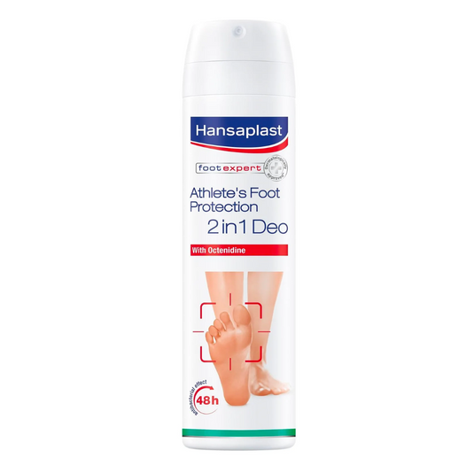 A white aerosol can of Hansaplast Foot Fungus Protection 2in1 Deospray with Octenidine from Beiersdorf AG.