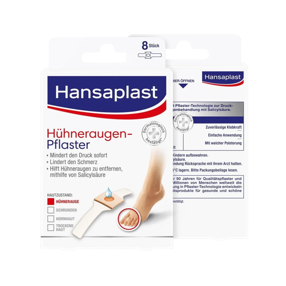 Front and back view of a Beiersdorf AG Hansaplast corn plaster, 40% salicylic acid | Package (8 pieces) box. The front shows an image of the plaster with an extra-long fixing strip on a foot. On the back, you will find application instructions and warnings about the salicylic acid content. The package contains 8 plasters.