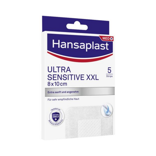 Ein Bild einer Beiersdorf AG Hansaplast Sensitive XXL, besonders hautfreundlich 8 x 10 cm | Packung (5 Stück)-Box. Die Streifen sind für sehr empfindliche Haut konzipiert. Die überwiegend weiß-blaue Box enthält Text in Deutsch und Englisch.
