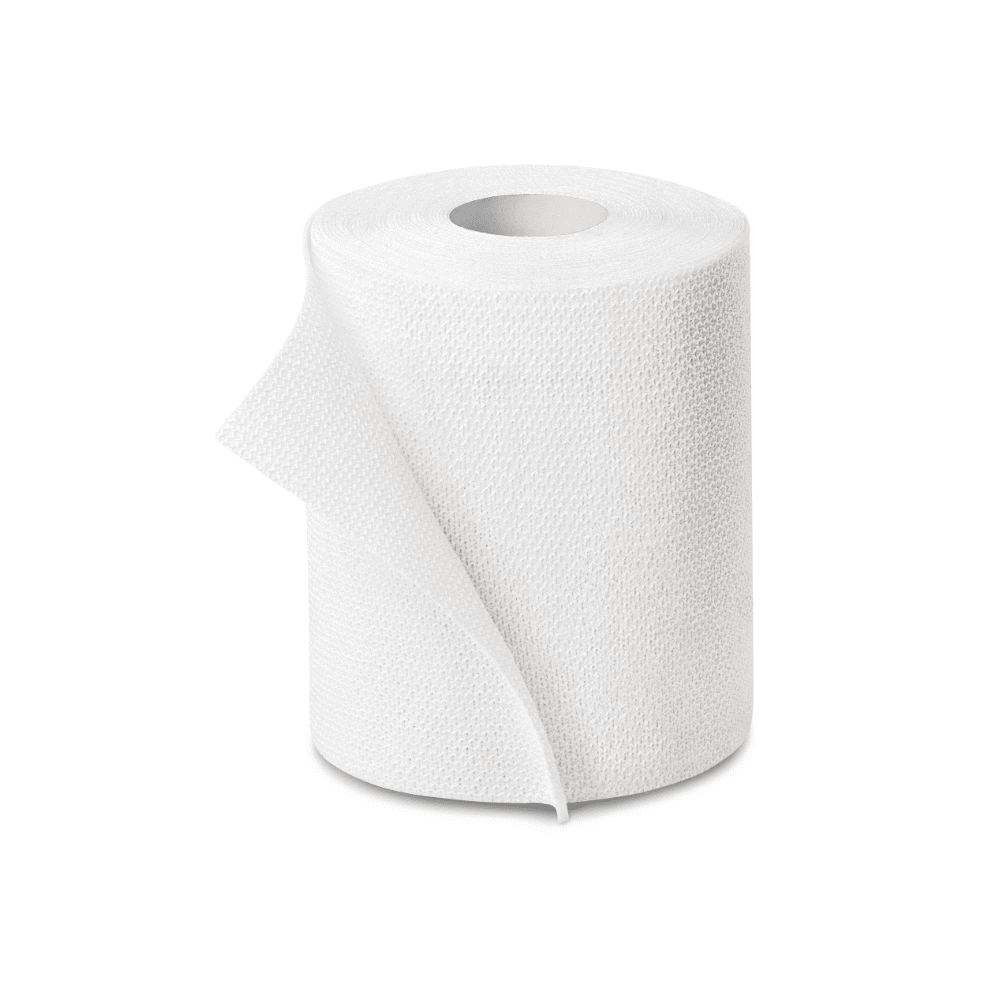 A single roll of Hartmann Idealast®-haft, a permanently elastic ideal bandage with a partially unrolled sheet, with latex-free coating, isolated on a white background by Paul Hartmann AG.