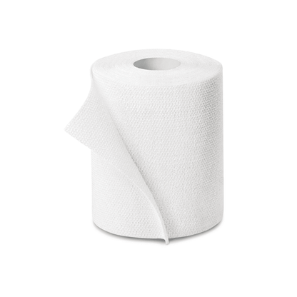 A single roll of Hartmann Idealast®-haft, a permanently elastic ideal bandage with a partially unrolled sheet, with latex-free coating, isolated on a white background by Paul Hartmann AG.