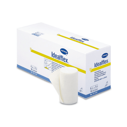 A box of Idealflex® lightweight universal bandages from Paul Hartmann AG, with one roll partially unwrapped at the front to highlight the product's texture and shape. The packaging is white and blue with text and brand details.