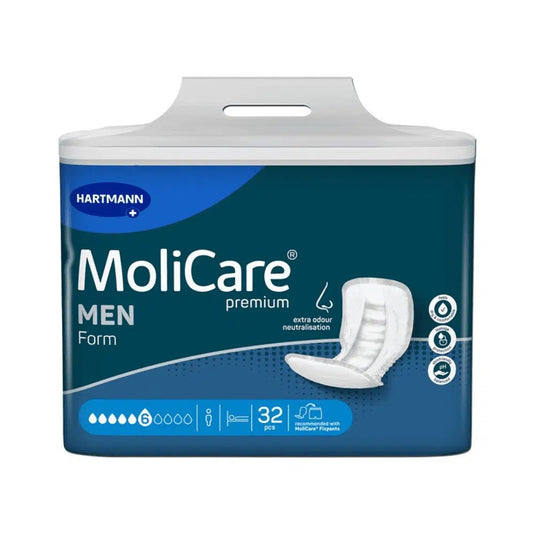 A blue-and-white package of MoliCare Premium Form MEN pads, 6 drops (32 pieces), by Paul Hartmann AG, shown with a product image, symbols, and text highlighting the additional odor neutralization and skin-neutral pH level for men.