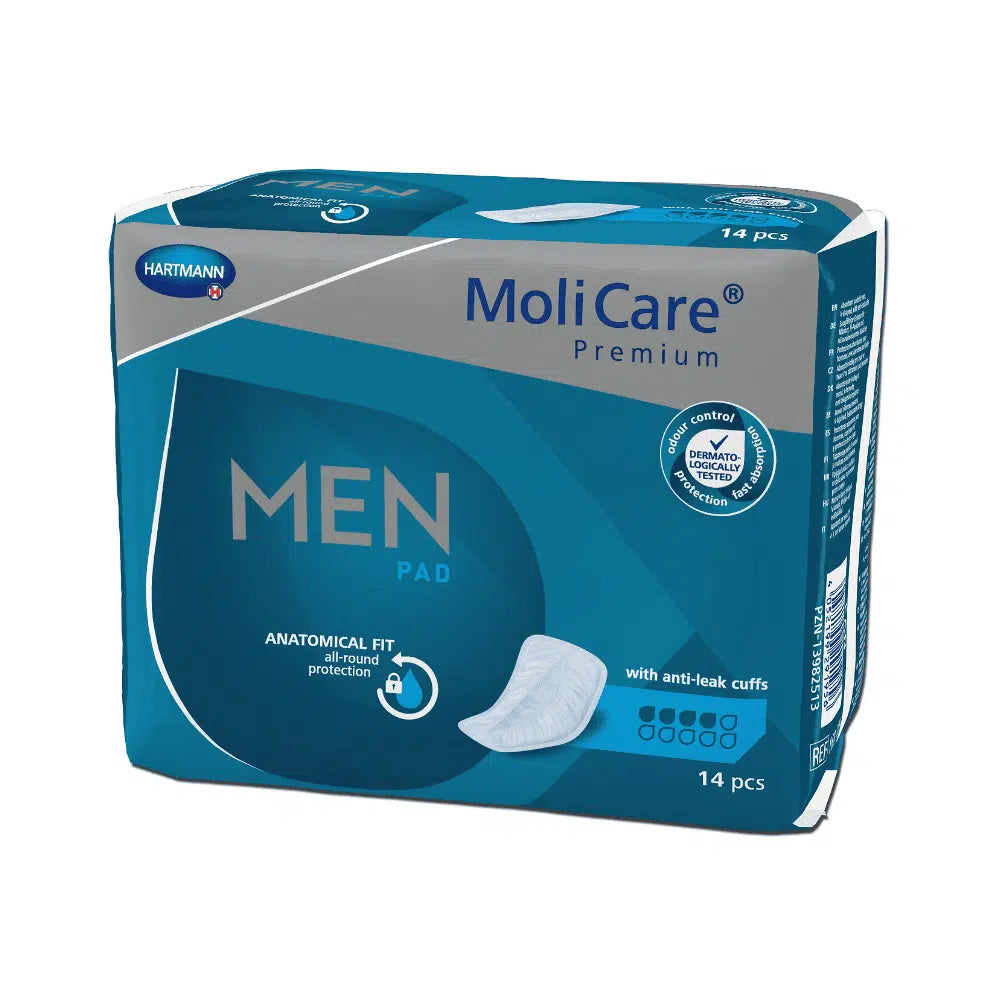 A pack of Hartmann MoliCare® Premium MEN PAD insert - 14 pieces, contains 14 pieces. The box is blue and white and emphasizes the anatomical fit protection with anti-leak cuffs optimized for bladder weakness.