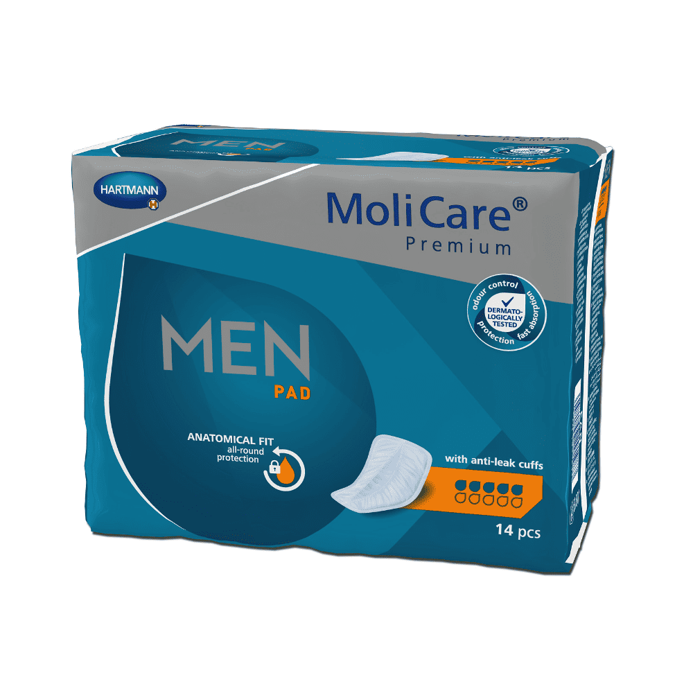 A pack of Hartmann MoliCare® Premium MEN PAD insert, consisting of 14 pieces with anatomical fit protection and leak-proof cuffs. The package is predominantly blue with text and logos in orange and white. Manufactured by Paul Hartmann AG.